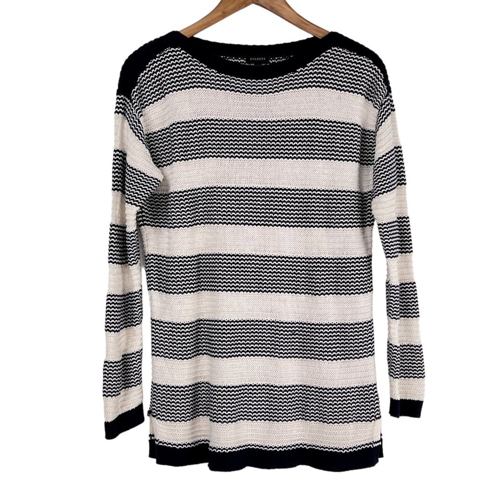 Talbots Blue Cream Striped Knit Boat Neck Cotton Long Sleeve Sweater Size Large